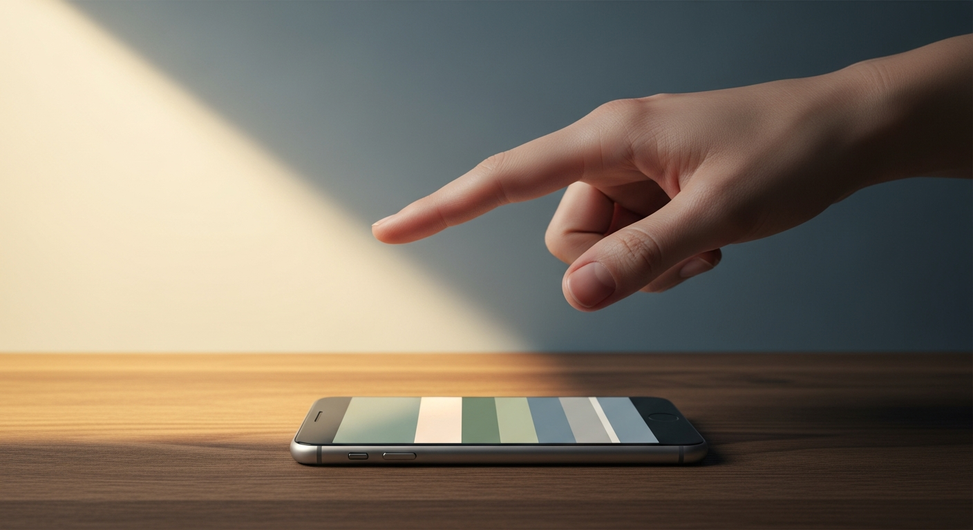 Editorial illustration: a hand pausing mid-air over a phone, calm muted palette