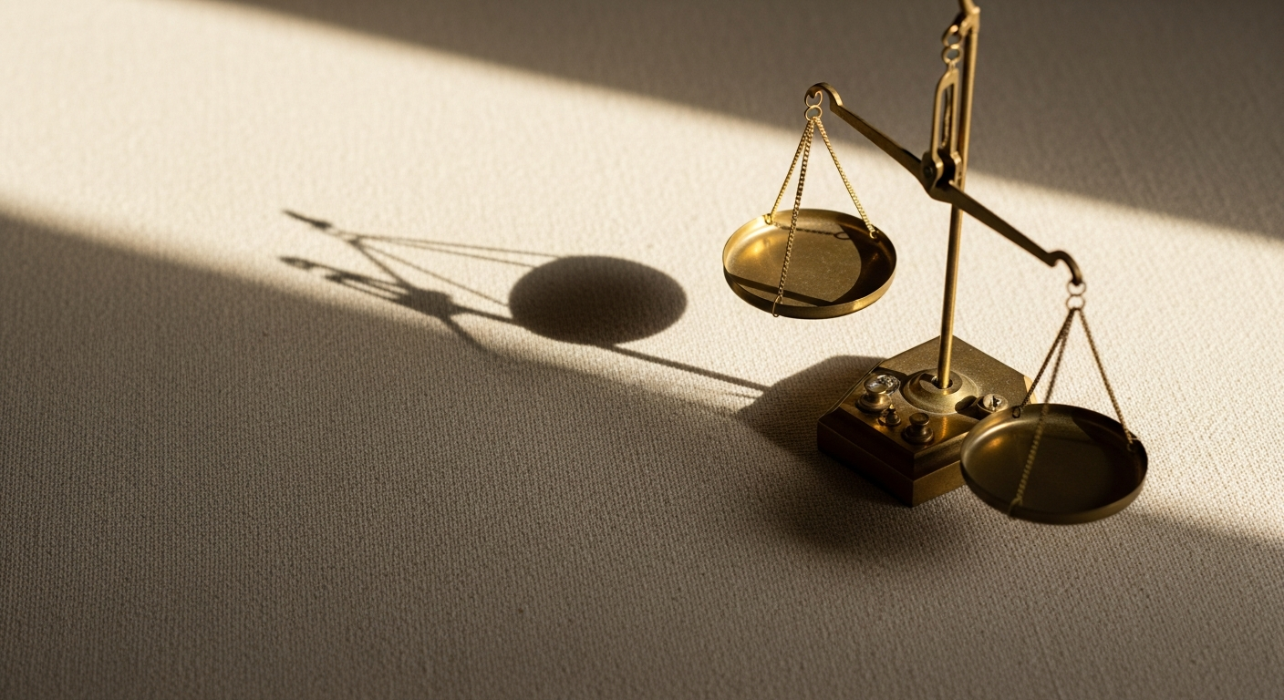 Editorial illustration of a small brass balance scale off-center to the right on a warm linen surface, one pan tipped low, long diagonal shadow, low oblique angle, calm muted palette of cream, sage, and soft blue